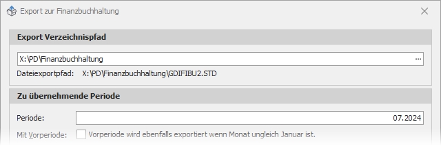 Dialog "Export zur Finanzbuchhaltung" mit Gruppe "Export Verzeichnispfad"
