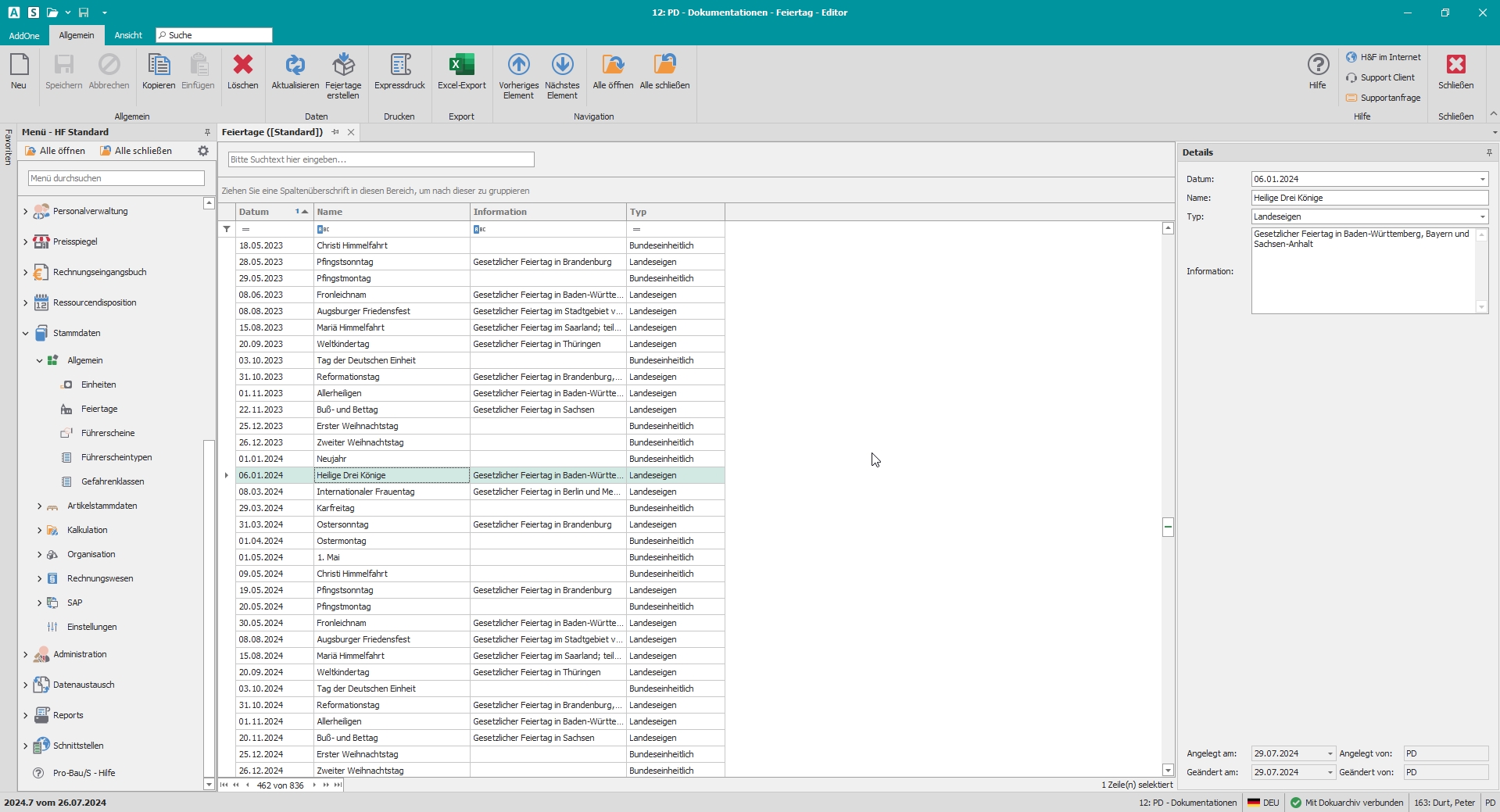 Hauptfenster "Feiertage"