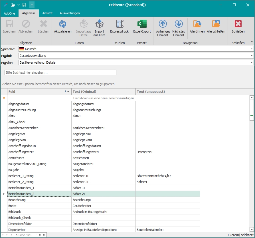 Hauptfenster "Feldtexte"