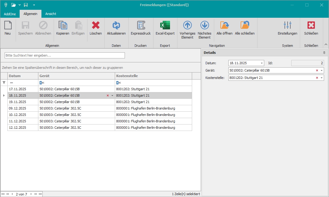 Hauptfenster "Freimeldungen" Hauptfenster "Freimeldungen"