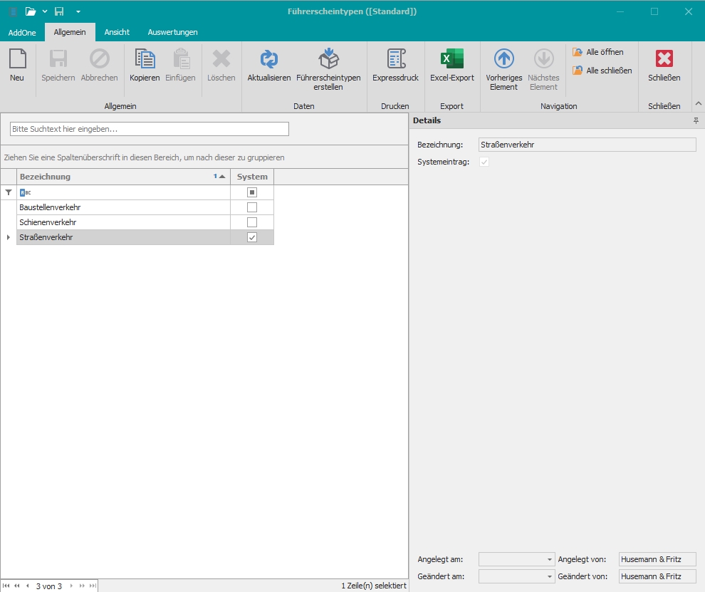Hauptfenster "Führerscheintypen"