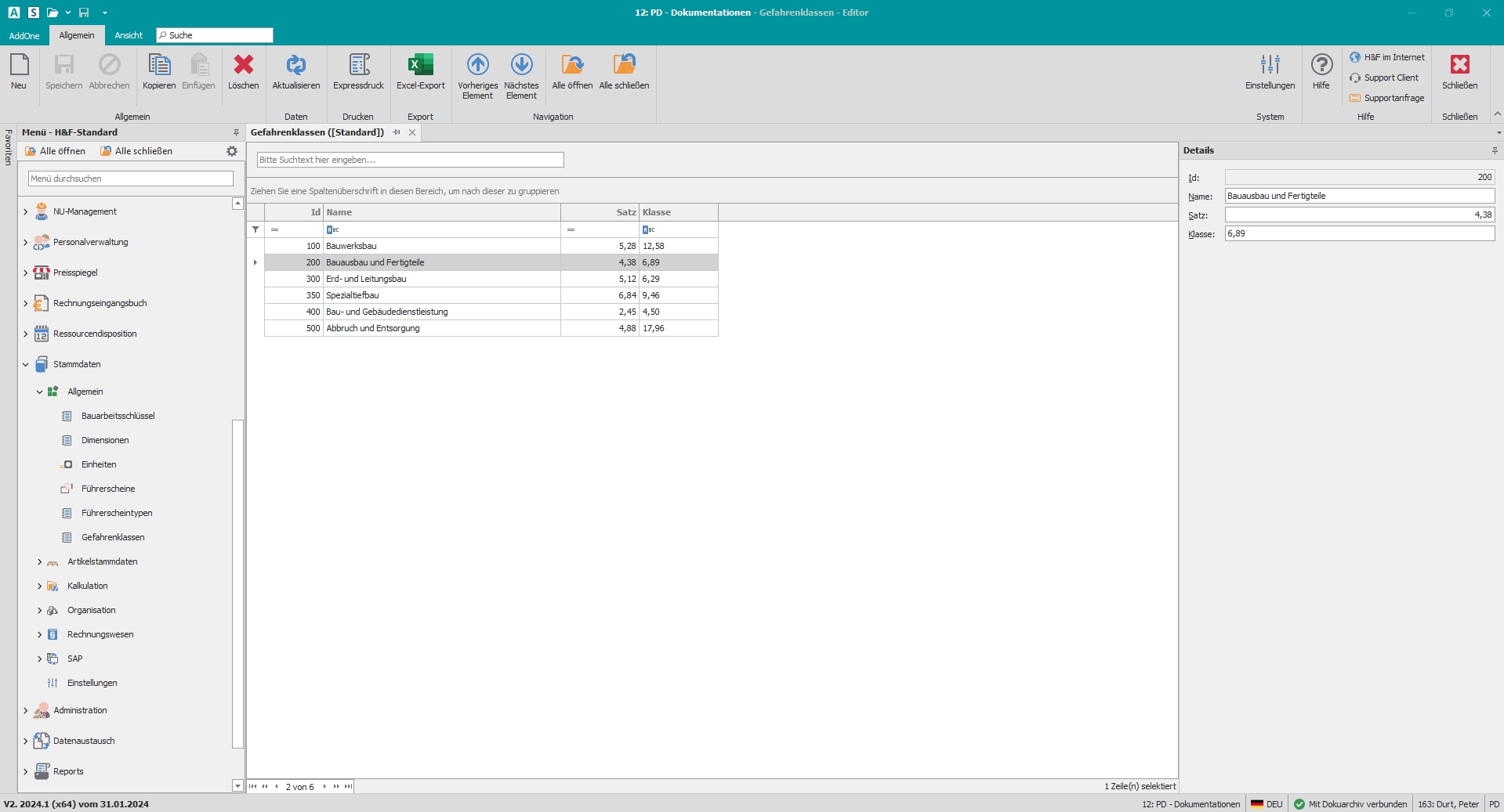 Hauptfenster "Gefahrenklasse"