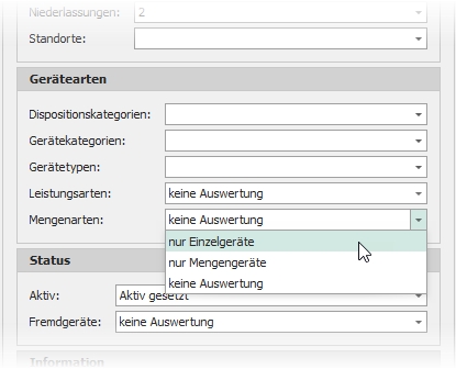 Gruppe "Geräteart" mit Auswahl "Mengenarten" Gruppe "Geräteart" mit Auswahl "Mengenarten"