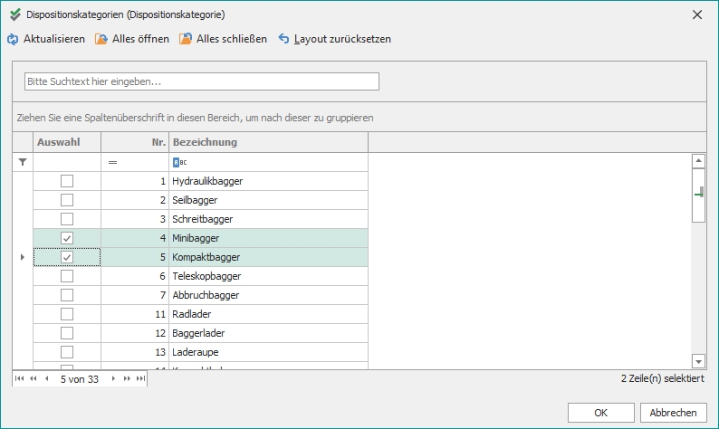 Nachschlagedialog "Dispositionskategorien" Nachschlagedialog "Dispositionskategorien"