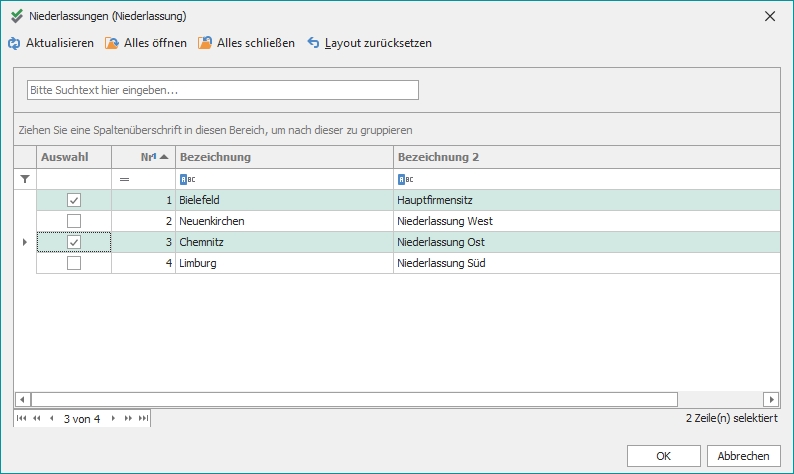 Nachschlagedialog "Niederlassungen" Nachschlagedialog "Niederlassungen"