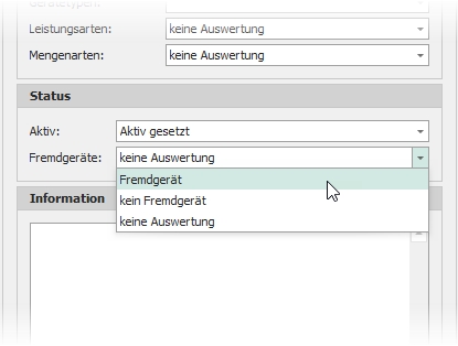 Gruppe "Status" mit Auswahl "Fremdgerät"