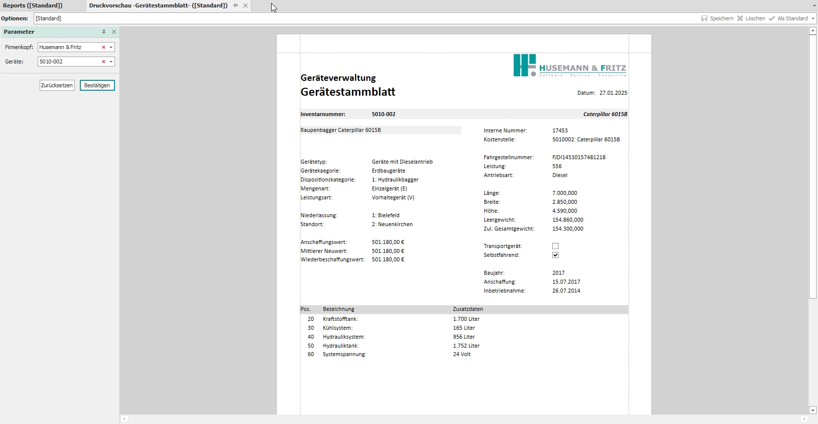 Standardreport "Gerätestammblatt"