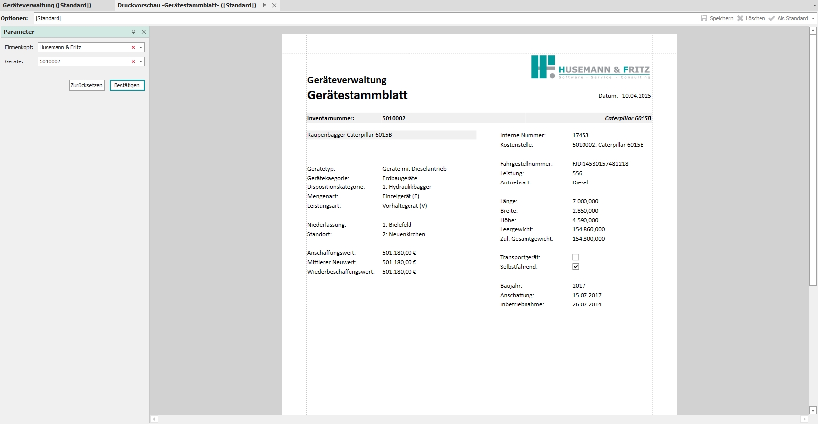 Standardreport "Gerätestammblatt"