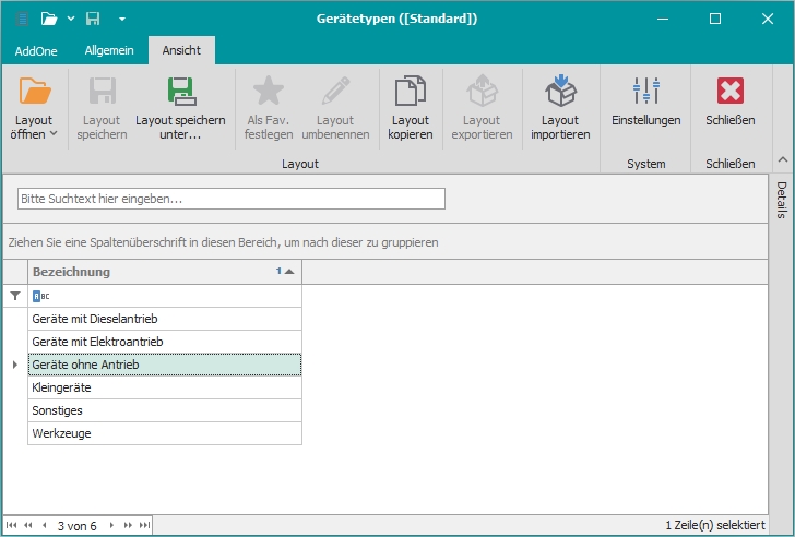 Hauptfenster "Gerätetypen" Hauptfenster "Gerätetypen"
