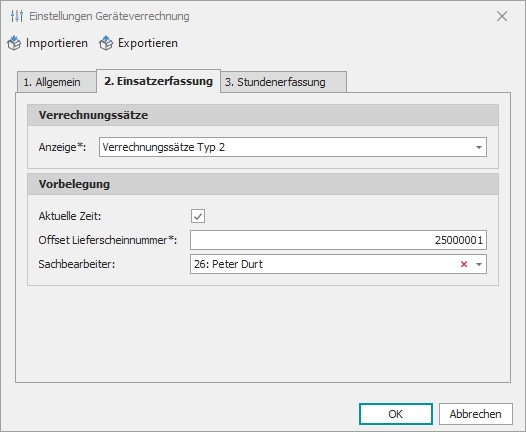 Einstellungen mit Gruppe "Verrechnungssätze"