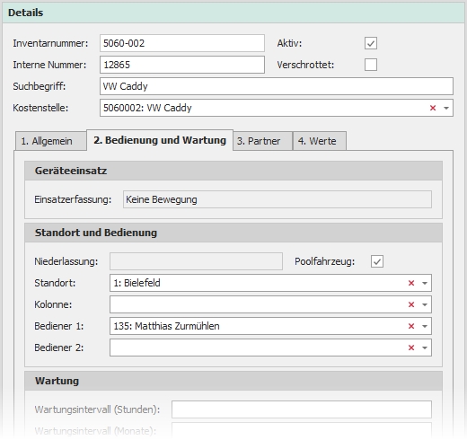 Detail "2. Bedienung und Wartung" mit Gruppe "Standort und Bedienung"