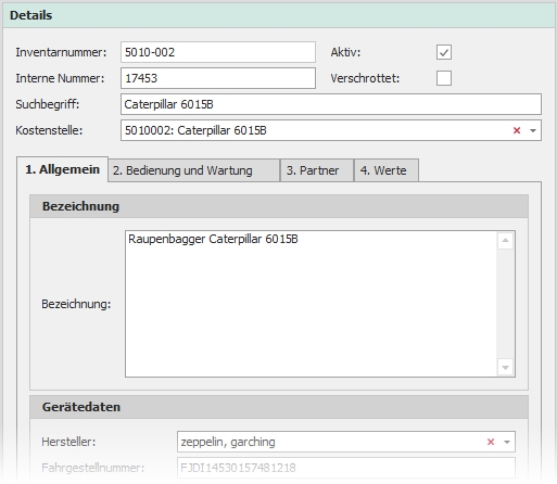 Detail "1. Allgemein" mit Gruppe "Bezeichnung"