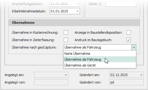 Gruppe "Übernahmen" mit Feld "Übernahme nach geoCapture"