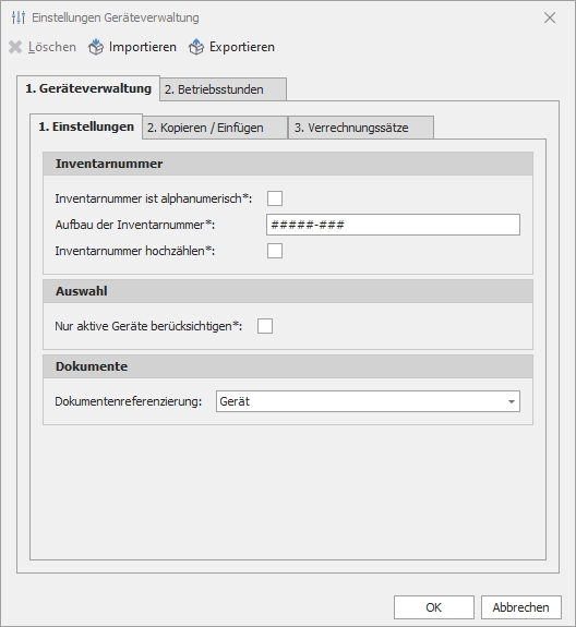 Einstellungen mit Gruppe "Inventarnummer"