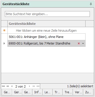 Dockingfenster "Gerätestückliste"