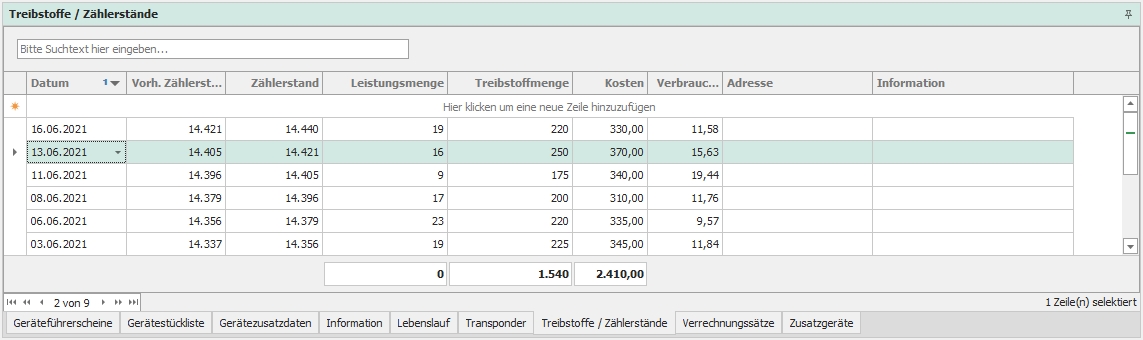 Dockingfenster "Treibstoffe / Zählerstände"