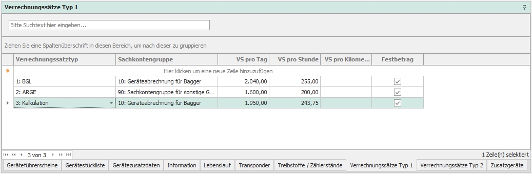 Dockingfenster "Verrechnungssätze Typ 1" Dockingfenster "Verrechnungssätze Typ 1"