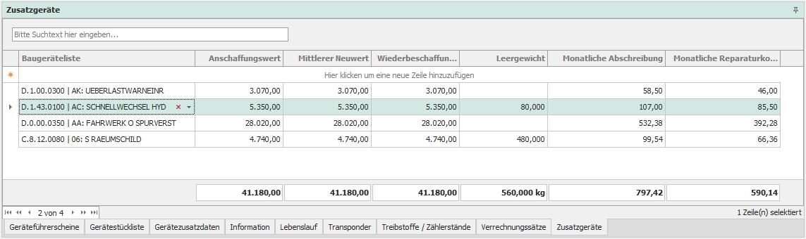 Dockingfenster "Zusatzgeräte"