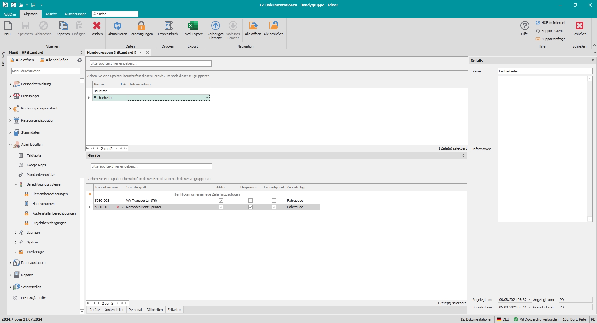 Hauptfenster "Handygruppen"