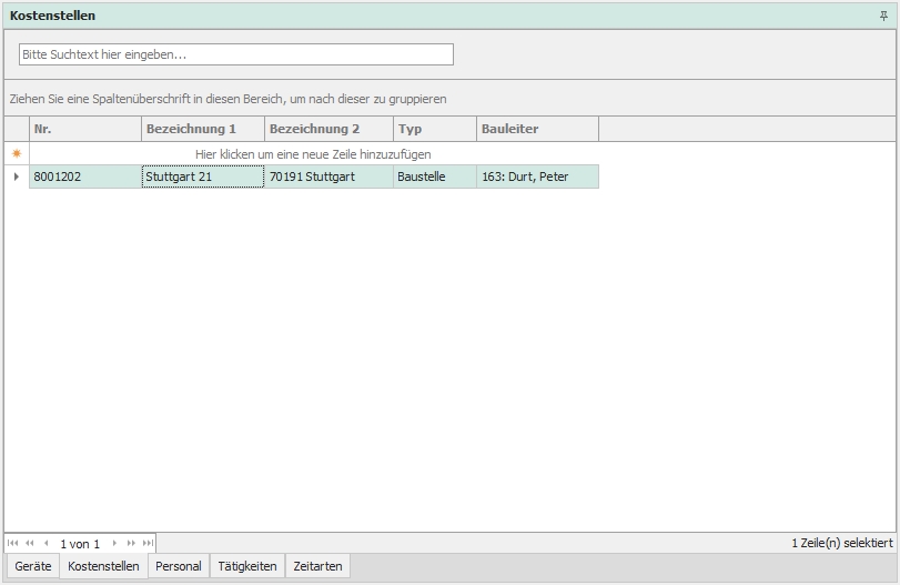 Dockingfenster "Kostenstellen"