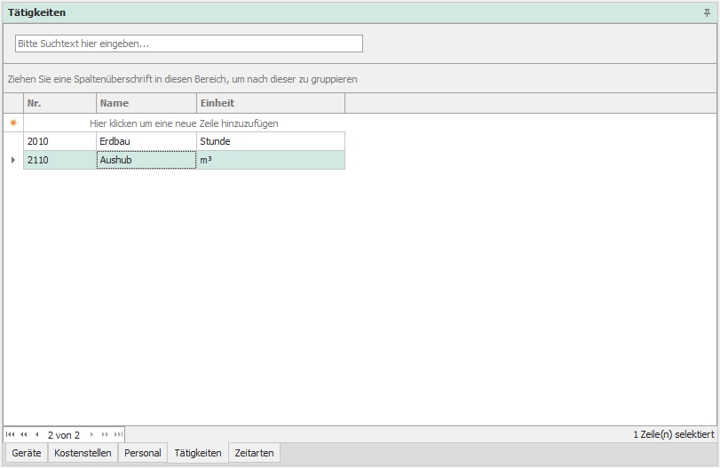 Dockingfenster "Tätigkeiten"