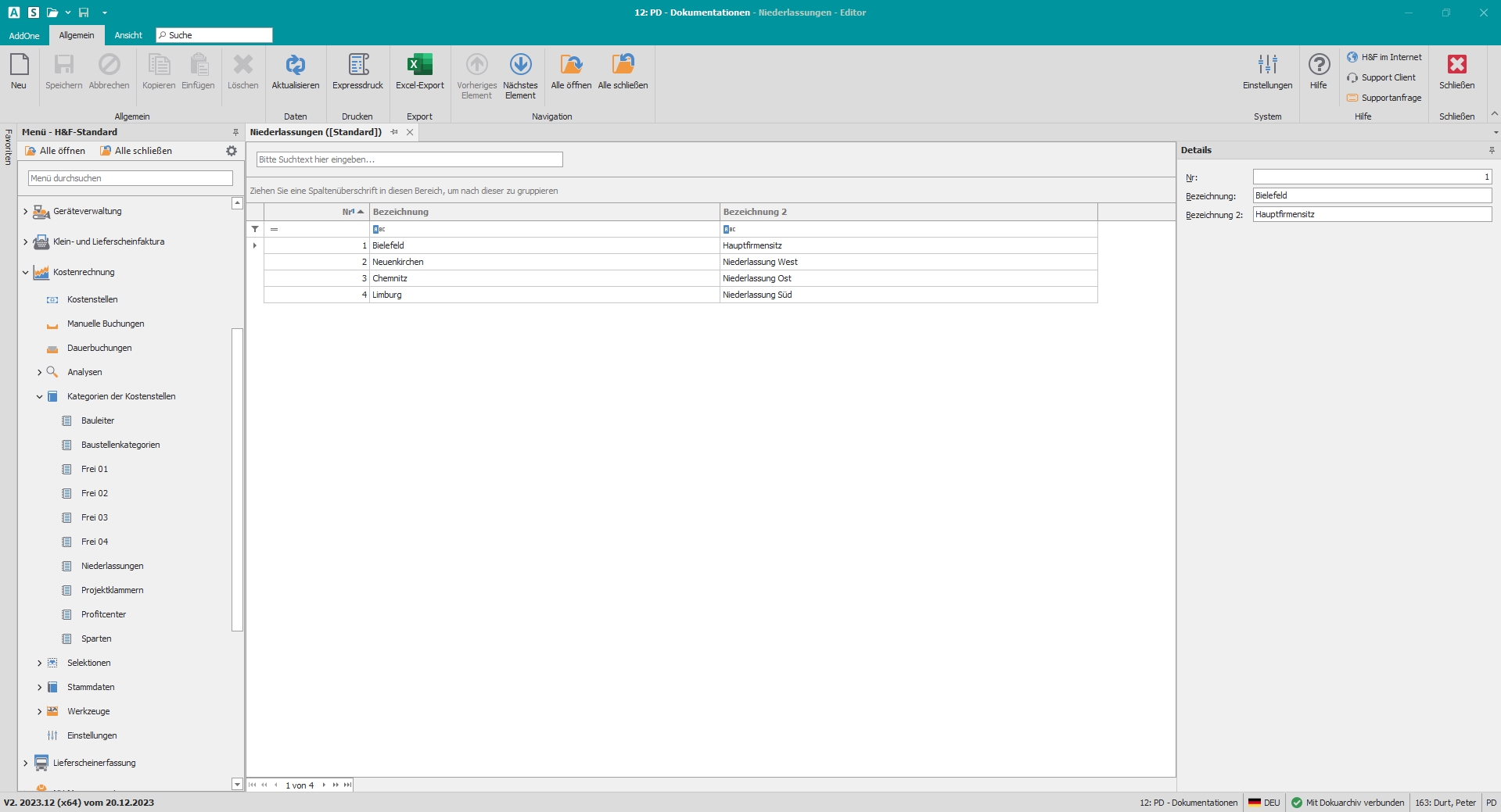 Hauptfenster "Niederlassungen"