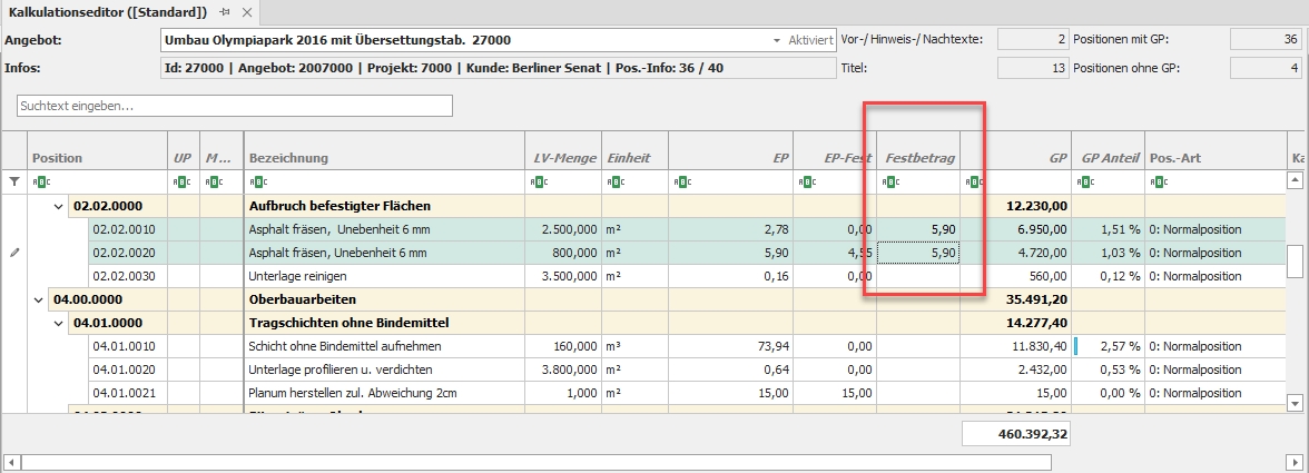 Kalkulationseditor mit selektierten Zeilen Kalkulationseditor mit selektierten Zeilen