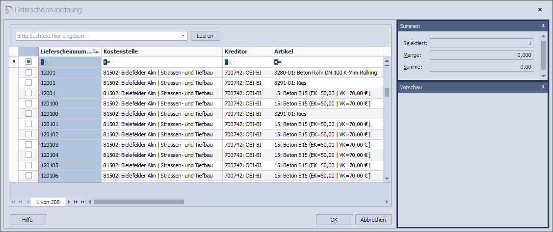 Abb. 43 - Rechnungseingangsbuch-Lieferscheinzuordnung