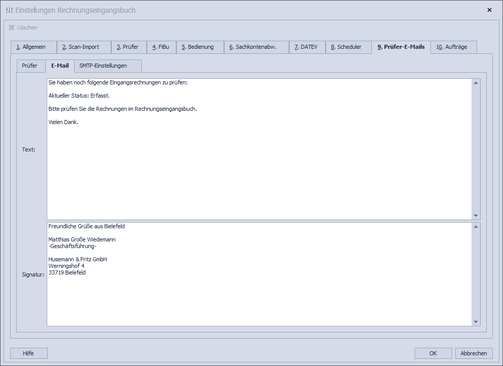 Abb. 23 - Rechnungseingangsbuch-Einstellungen Prüfer-E-Mails/E-Mail