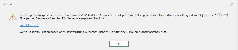 Abbildung 22: Hinweis auf veraltete Datenbankversion Abbildung 22: Hinweis auf veraltete Datenbankversion
