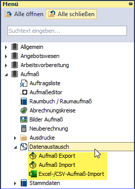 Aufmaß-Datenaustausch im Menü