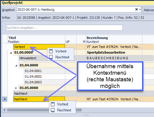 Abbildung 43: Übernahme von Vor- bzw. Nachtexten aus dem Quellprojekt