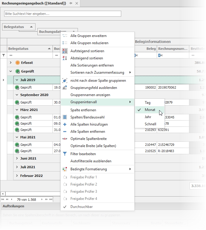 Kontextmenü auf eine Gruppierung nach dem Buchungsdatum