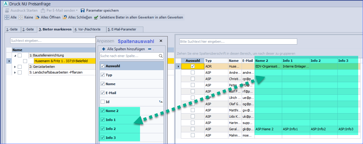 Druck NU Preisanfrage - weitere Spalten in Bieterauswahl