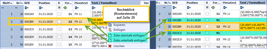 Aufmaßzeilen oberhalb u unterhalb einfügen