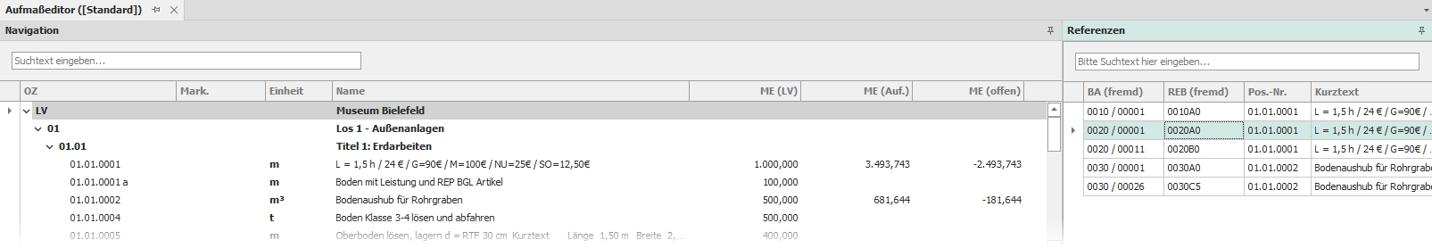 Hauptfenster "Aufmaß" mit Anzeige der Aufmaßreferenzen