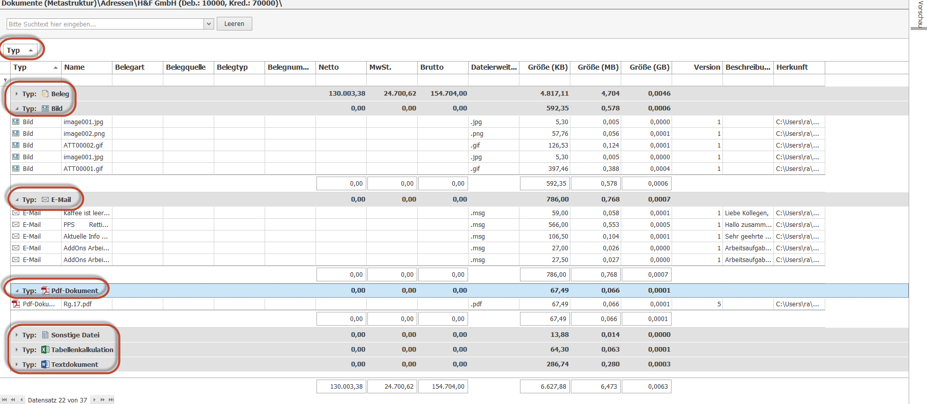 Abb. 9 - Grid gruppiert nach "Typ"