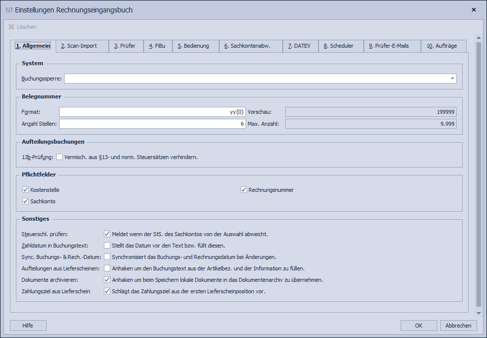 Abb. 13 - Rechnungseingangsbuch-Einstellungen allgemein