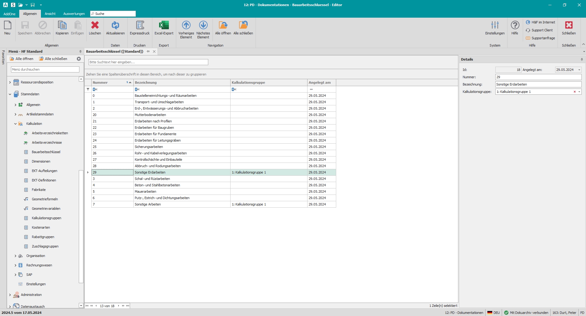 Hauptfenster "Bauarbeitsschlüssel" Hauptfenster "Bauarbeitsschlüssel"