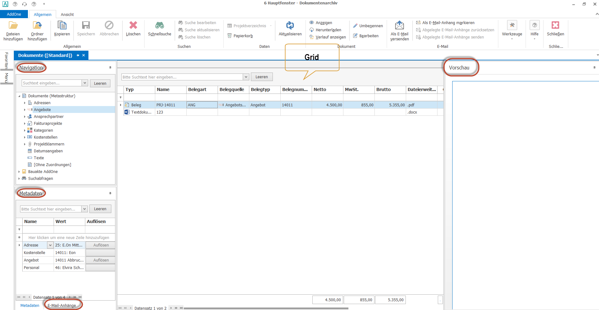 Abb. 3 - Bereiche Dokumentenarchiv