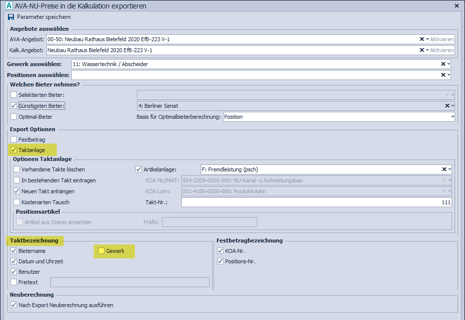 AVA-NU-Preise in Kalk = Gewerke-bez optional in Takt-bez