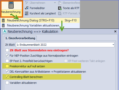 Neuberechnung mit Dialog