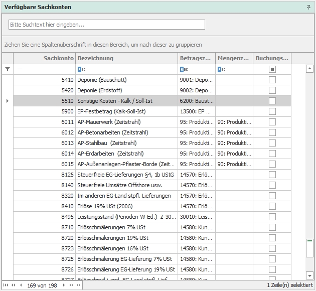 Dockingfenster "Verfügbare Sachkonten"