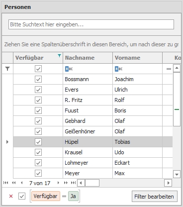 Dockingfenster "Personal" mit Filtereinstellung auf verfügbare Ressourcen