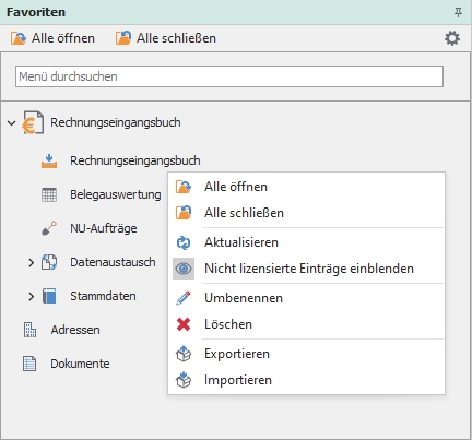 Favoriten mit Kontextmenü