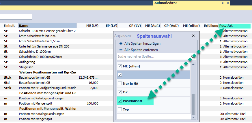 Aufmaß-Edit - POA Spalte in Navigation