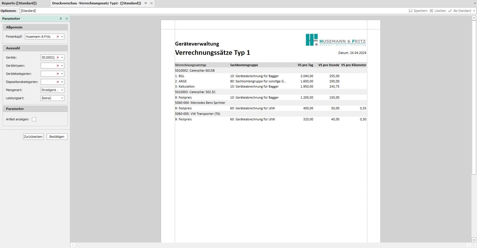 Standardreport "Verrechnungssätze Typ 1"