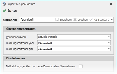 Dialog "Import aus geoCapture" mit Schalter "Starten"