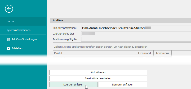 Buttons unter der Lizenzübersicht
