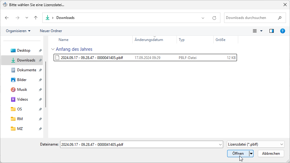 Auswahlfenster für die Lizenzdatei